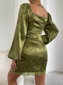 提花燈籠袖蕾絲邊下擺開叉緞面洋裝