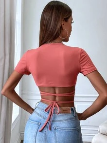 SHEIN SXY 素色交叉後綁帶短款上衣 - 西瓜粉 - 查看 2