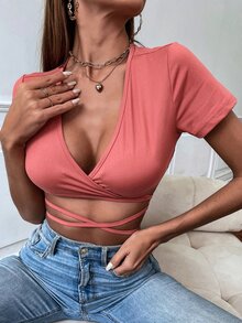 SHEIN SXY 素色交叉後綁帶短款上衣 - 西瓜粉 - 查看 4
