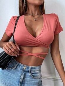 SHEIN SXY 素色交叉後綁帶短款上衣 - 西瓜粉 - 查看 5