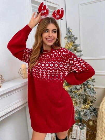 christmas knitted dress Lantern Sleeve Christmas Pattern Sweater Dress