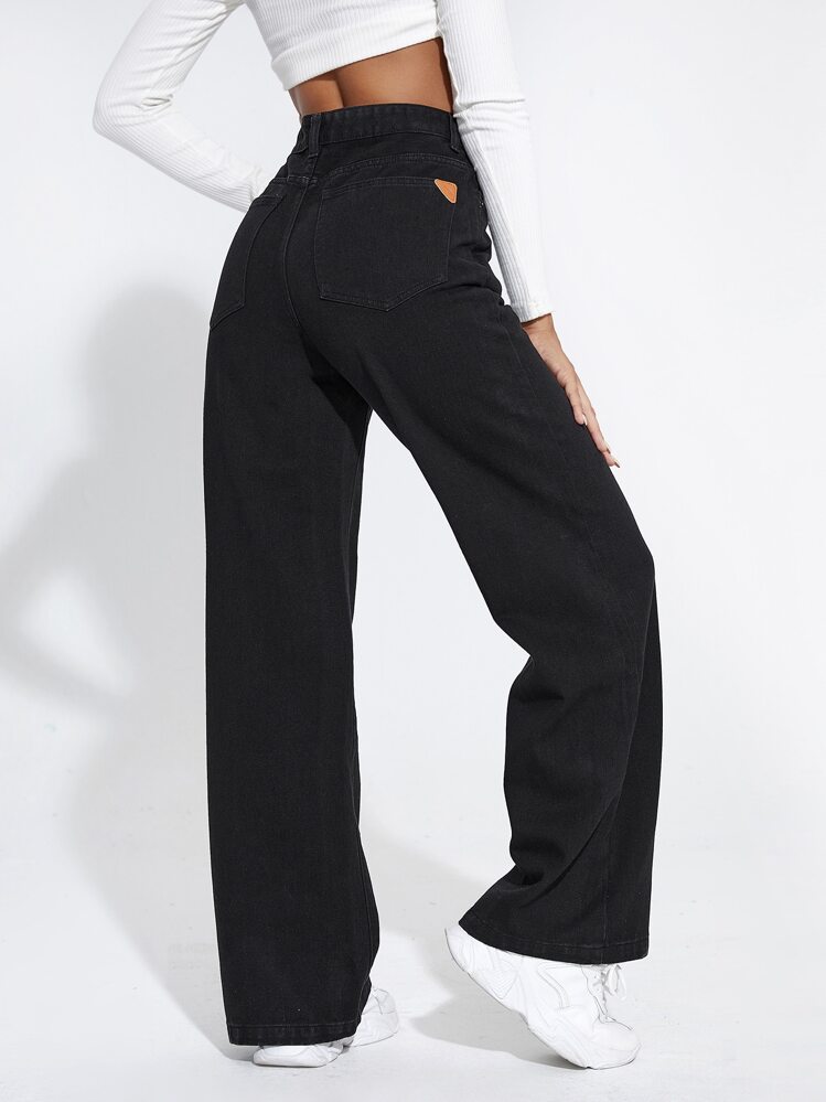 SHEIN Frenchy High Waist Boyfriend Fit Cargo Wide Leg Black Jeans - Black - View 1