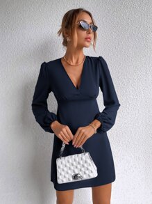 Solid Lantern Sleeve A-line Dress - Navy Blue - View 1