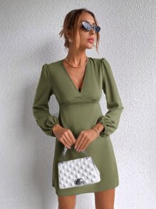 素色燈籠袖A字洋裝 - 軍綠色 - 查看 1