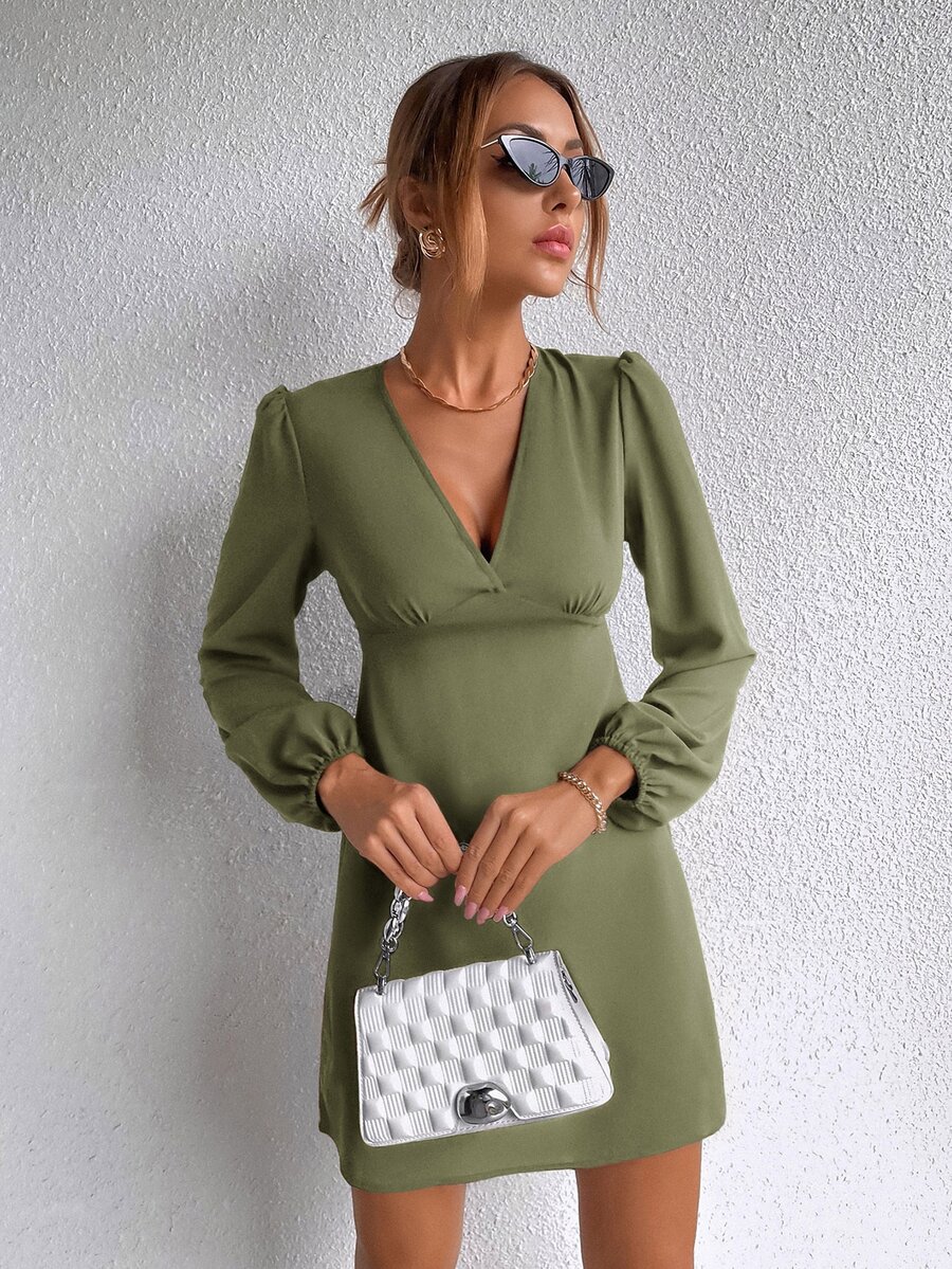 素色燈籠袖A字洋裝 - 軍綠色 - 查看 1