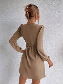 Solid Lantern Sleeve A-line Dress - Khaki - View 2