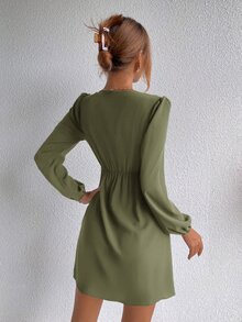 素色燈籠袖A字洋裝 - 軍綠色 - 查看 2