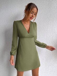 素色燈籠袖A字洋裝 - 軍綠色 - 查看 4