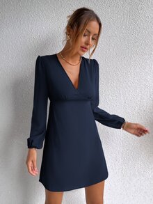 Solid Lantern Sleeve A-line Dress - Navy Blue - View 5