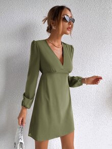 素色燈籠袖A字洋裝 - 軍綠色 - 查看 5