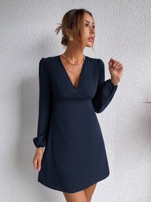 Solid Lantern Sleeve A-line Dress - Navy Blue - View 6