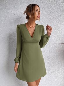 素色燈籠袖A字洋裝 - 軍綠色 - 查看 6