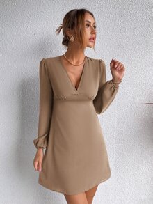 Solid Lantern Sleeve A-line Dress - Khaki - View 6