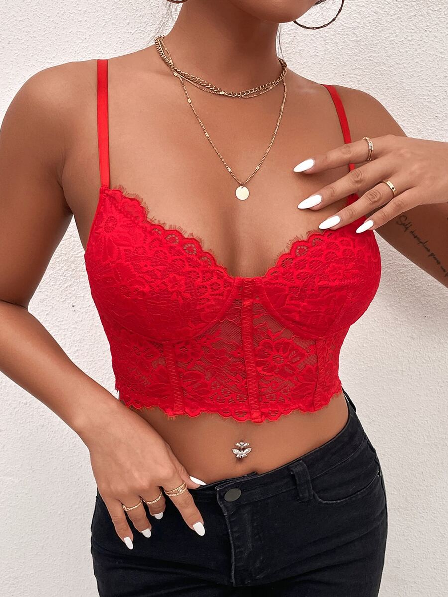 SHEIN SXY 蕾絲緊身上衣吊帶短上衣 - 紅色 - 查看 1