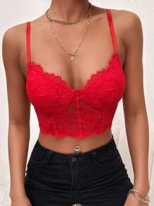 SHEIN SXY 蕾絲緊身上衣吊帶短上衣 - 紅色 - 查看 3