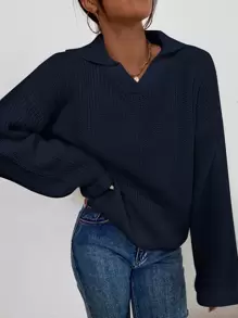 SHEIN Unity Ribbed Knit Drop Shoulder Jumper - Navy Blue - View 4