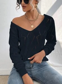 Chiquease Áo len nữ màu trơn Giải trí - Màu xanh hải quân - Xem 1