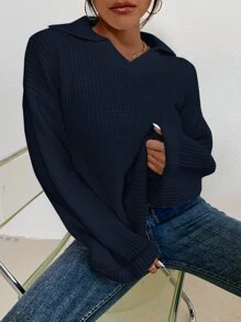 SHEIN Unity Ribbed Knit Drop Shoulder Jumper - Navy Blue - View 5