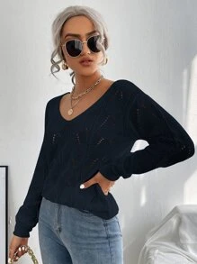 Chiquease Áo len nữ màu trơn Giải trí - Màu xanh hải quân - Xem 4