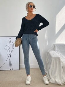 Chiquease Áo len nữ màu trơn Giải trí - Màu xanh hải quân - Xem 5