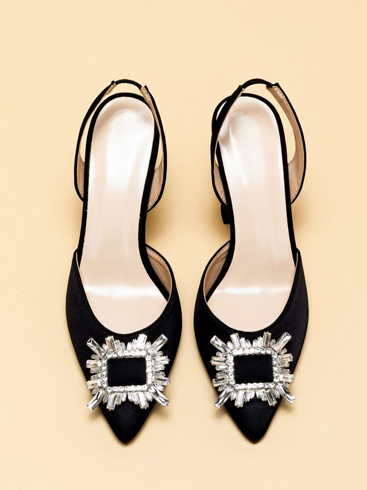Tacones altos con puntera puntiaguda para mujer en otoño/invierno, con hebilla cuadrada de cristal y correa trasera, elegantes, para fiesta - Negro - Añade 3