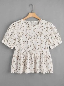 Sunnyshic Áo Peplum tay bồng họa tiết hoa nhỏ xinh - trắng - Xem 1