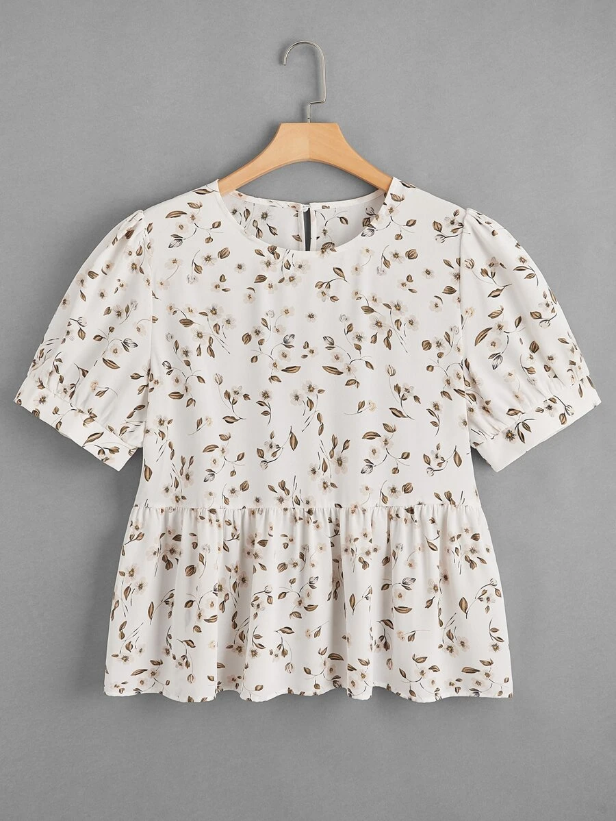 Sunnyshic Áo Peplum tay bồng họa tiết hoa nhỏ xinh - trắng - Xem 1