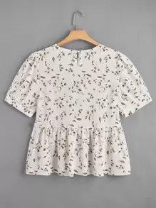 Sunnyshic Áo Peplum tay bồng họa tiết hoa nhỏ xinh - trắng - Xem 2