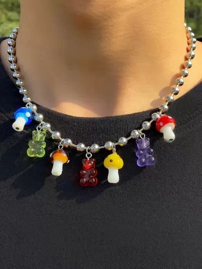 Vòng cổ mặt dây chuyền hình nấm & gấu hoạt hình thời trang và phổ biến cho nam giới cho kỳ nghỉ và để có vẻ ngoài sành điệu