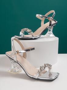 Metallic Flower & Rhinestone Decor Ankle Strap Pyramid Heeled Sandals - Silver - View 1