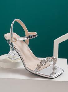 Metallic Flower & Rhinestone Decor Ankle Strap Pyramid Heeled Sandals - Silver - View 2