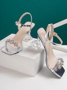 Metallic Flower & Rhinestone Decor Ankle Strap Pyramid Heeled Sandals - Silver - View 4