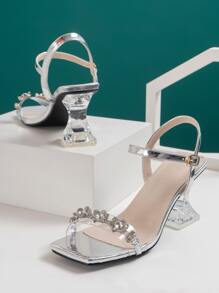 Metallic Flower & Rhinestone Decor Ankle Strap Pyramid Heeled Sandals - Silver - View 5