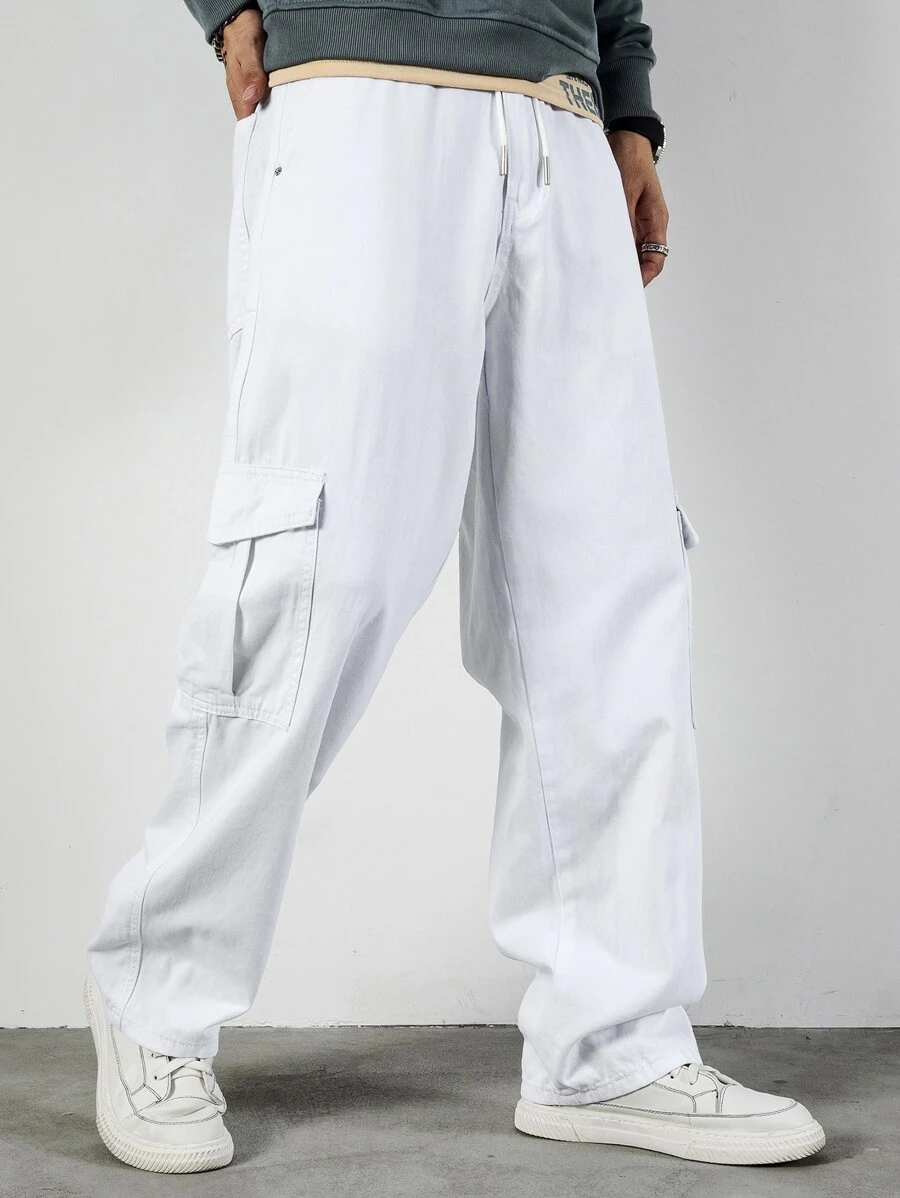Manfinity Vaqueros Cargo Holgados Para Hombres Con Cintura Con Cordón - Blanco - Ver 1
