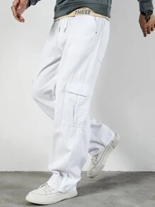 Manfinity Vaqueros Cargo Holgados Para Hombres Con Cintura Con Cordón - Blanco - Ver 4