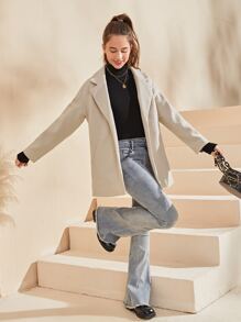 SHEIN 青少年女孩西裝領落肩袖花呢外套 - 杏色 - 查看 3