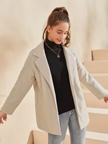 SHEIN 青少年女孩西裝領落肩袖花呢外套 - 杏色 - 查看 4