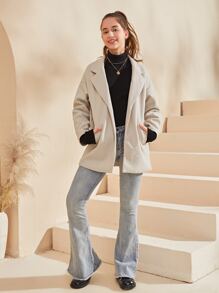 SHEIN 青少年女孩西裝領落肩袖花呢外套 - 杏色 - 查看 6