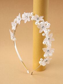 花朵与仿珍珠装饰发箍，优雅情人节礼物，发箍，发圈，发带，家居美发饰品 - 白色 - 查看 1