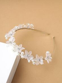 花朵与仿珍珠装饰发箍，优雅情人节礼物，发箍，发圈，发带，家居美发饰品 - 白色 - 查看 3