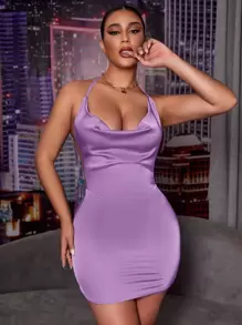 SHEIN SXY Đầm Lộ Lưng Vắt Buộc lại màu trơn Gợi cảm - Màu tím - Xem 1