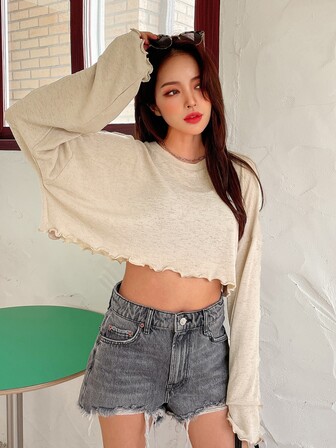 Lettuce Trim Drop Shoulder Crop Tee Long Sleeve Top