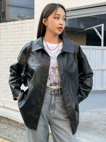 DAZY Abrigo de hombros caídos PU - Negro - Ver 1