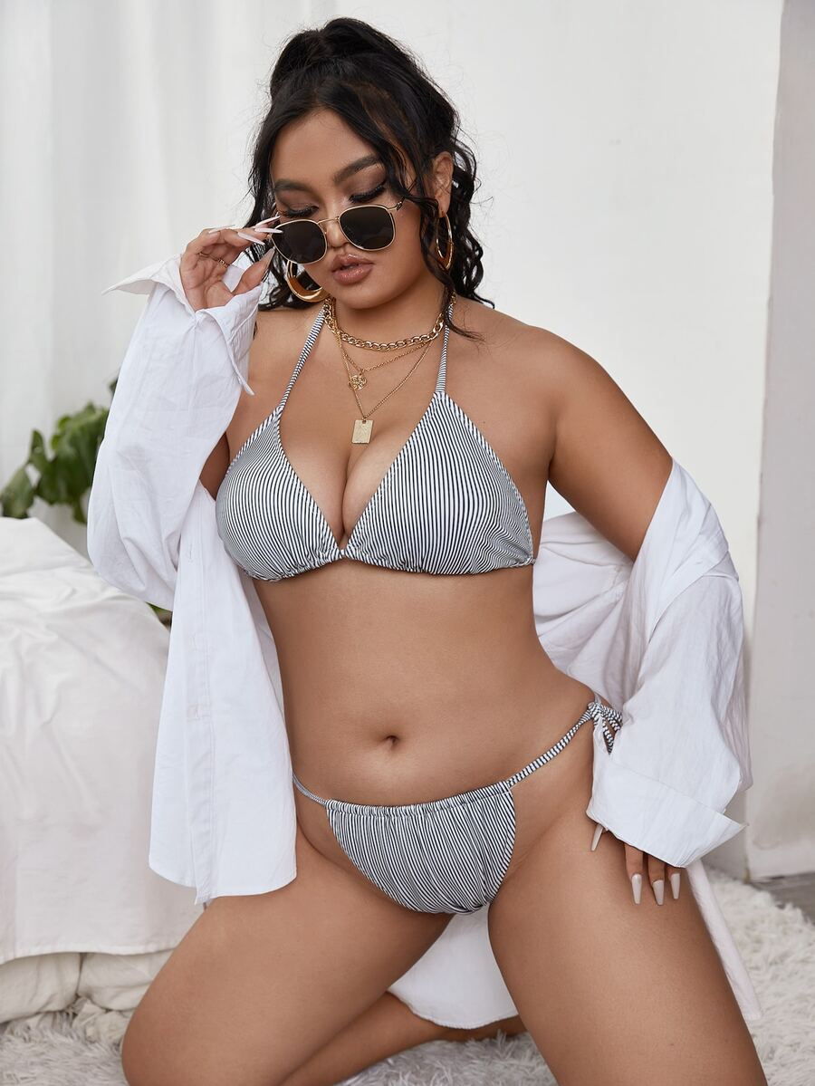 Plus Size Striped Tie Side Bikini Set Summer Beach - Black and White - View 1