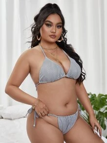 Plus Size Striped Tie Side Bikini Set Summer Beach - Black and White - View 3