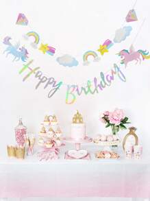 1set Cartoon Unicorn Birthday Banner, Cute Hanging Decoration Pull Flag For Kids Birthday Party,Christmas