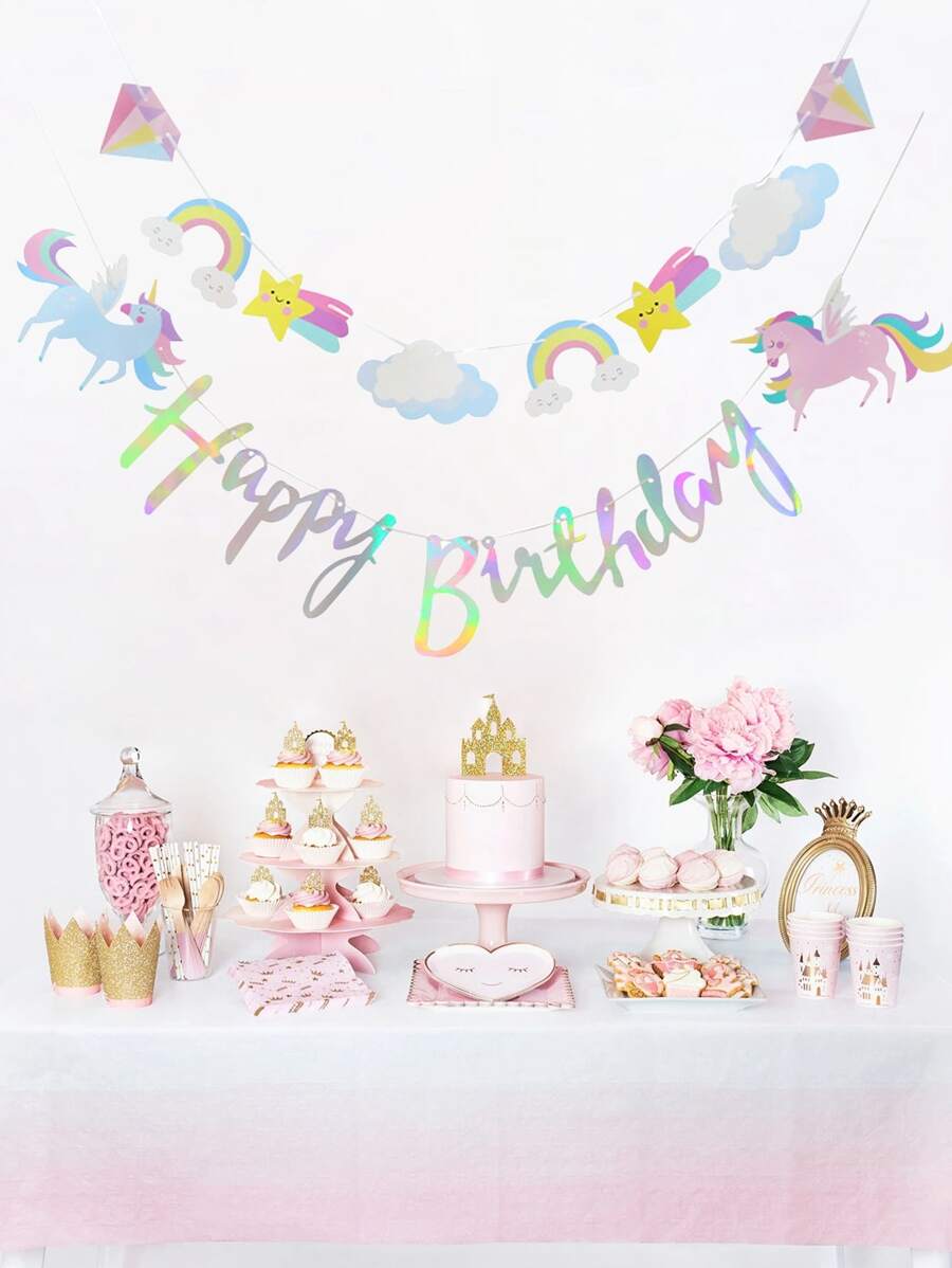1set Cartoon Unicorn Birthday Banner, Cute Hanging Decoration Pull Flag For Kids Birthday Party,Christmas