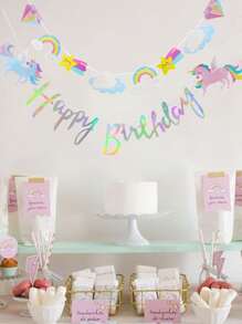 1set Cartoon Unicorn Birthday Banner, Cute Hanging Decoration Pull Flag For Kids Birthday Party,Christmas