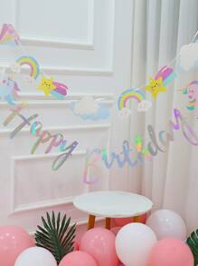 1set Cartoon Unicorn Birthday Banner, Cute Hanging Decoration Pull Flag For Kids Birthday Party,Christmas