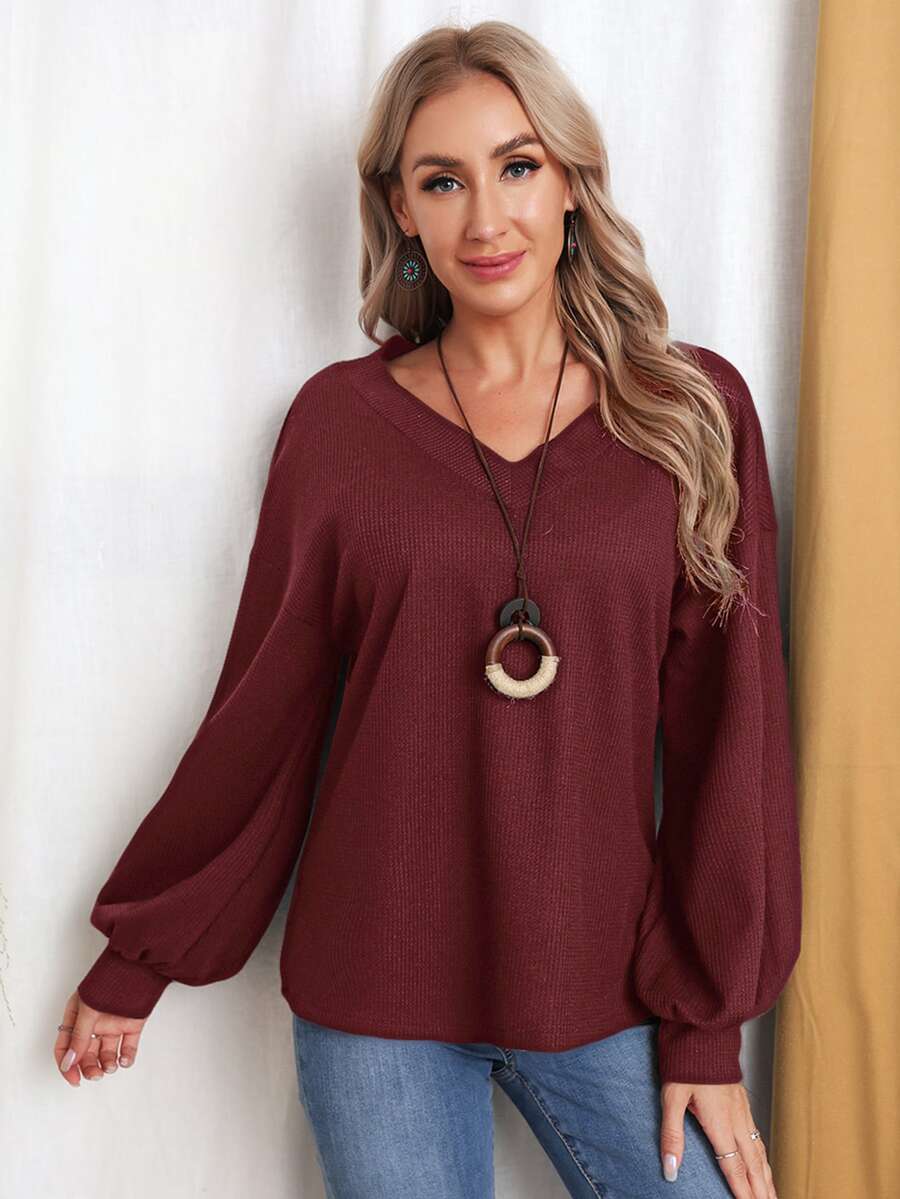 EMERY ROSE 素色V領燈籠袖T恤 - 酒紅色 - 查看 1